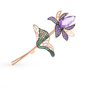 золотая брошь с аметистом, фианитами, изумрудами и наношпинелями