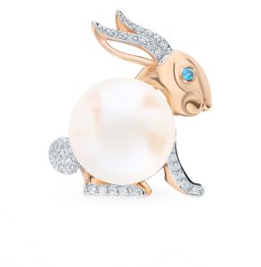 золотая брошь с фианитами и жемчугом