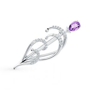 серебряная брошь с аметистом и фианитами