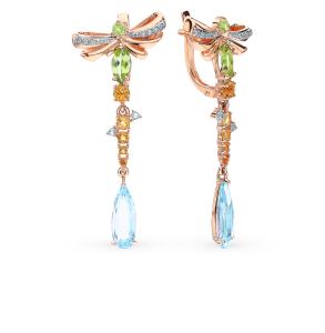 золотые серьги с хризолитом, топазами и цитринами