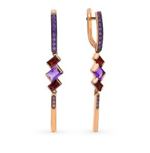 золотые серьги с аметистом, фианитами и гранатом