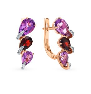 золотые серьги с аметистом, фианитами и гранатом