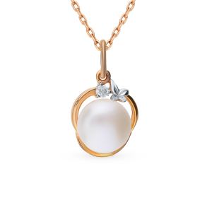 золотая подвеска с фианитами и жемчугом