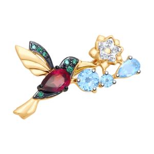 золотая брошь с родолитами, топазами и фианитами SOKOLOV 740200*