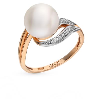 Золотое кольцо с фианитами и жемчугом