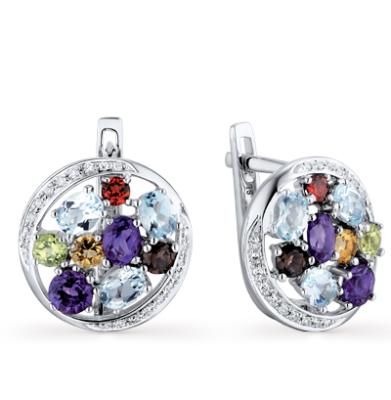 Золотые серьги с хризолитом, раухтопазами, аметистом, топазами, гранатом, цитринами и бриллиантами