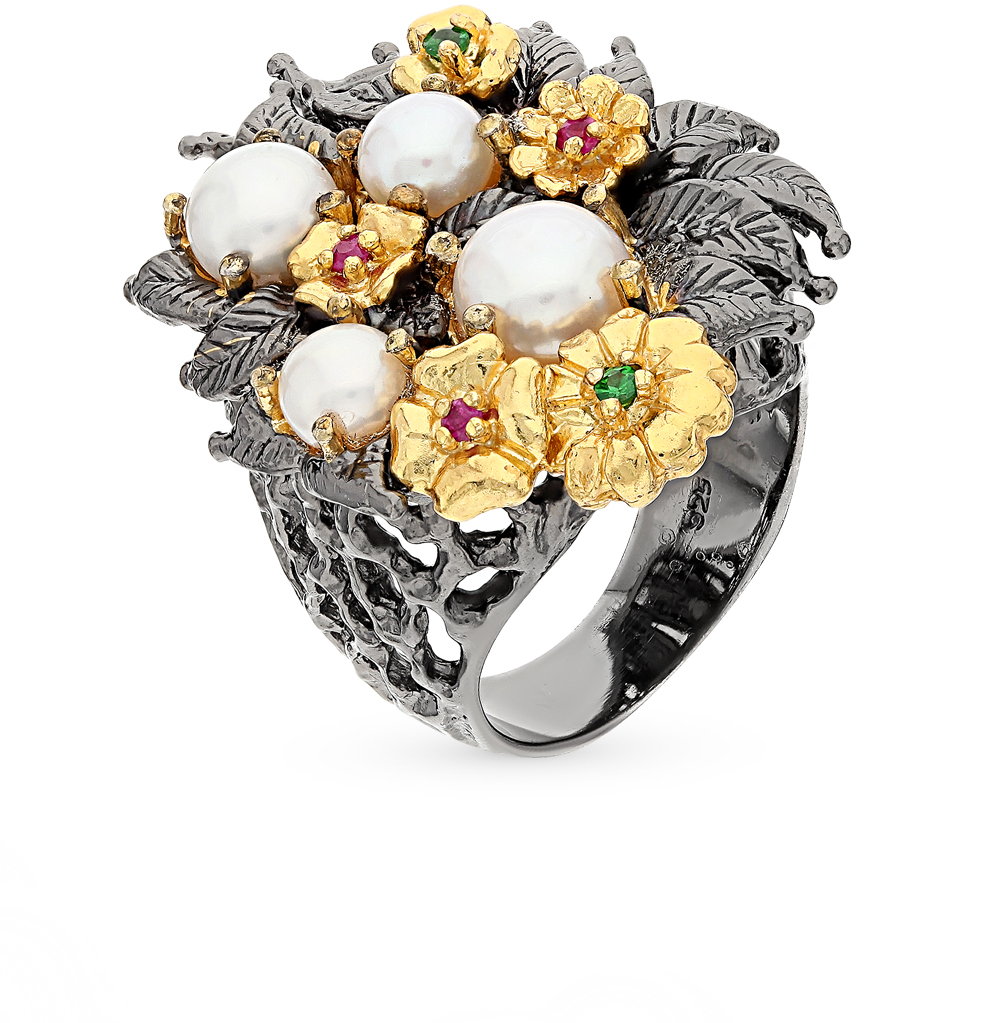 Фото «Серебряное кольцо с жемчугом, гранатом и рубинами»