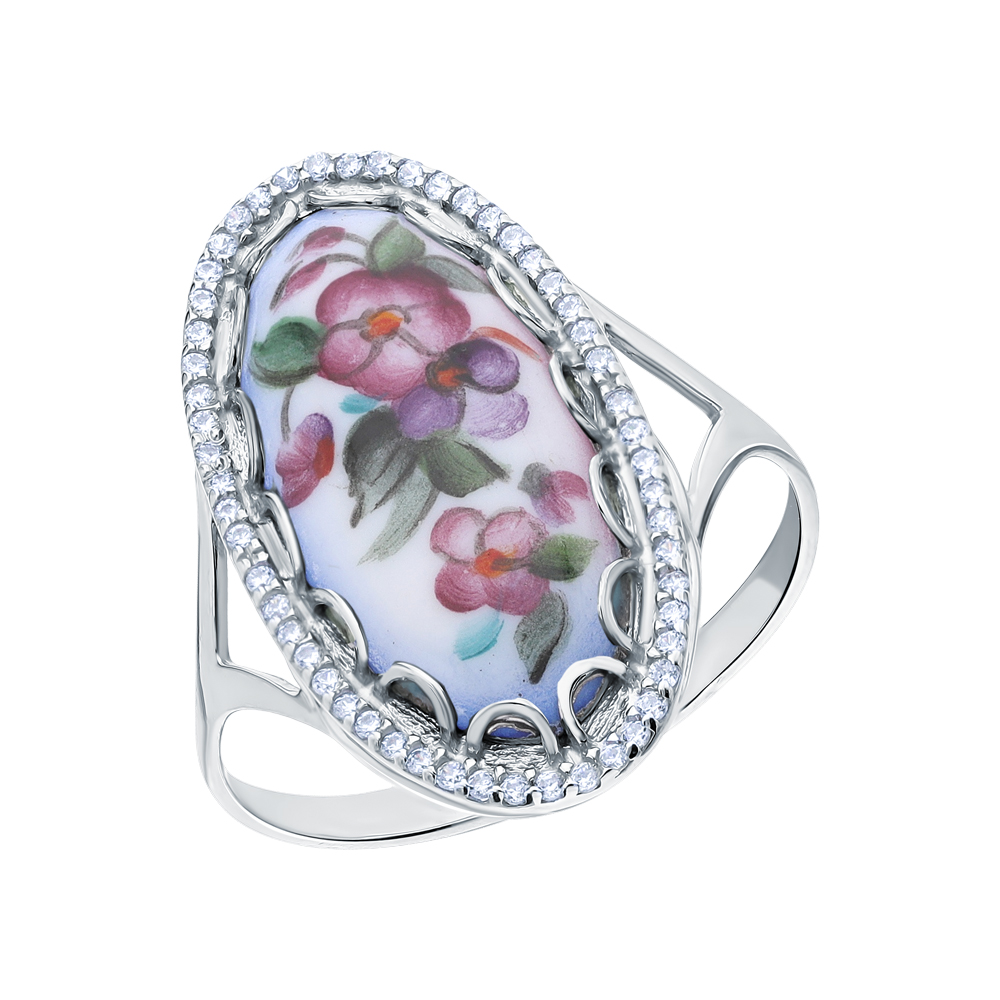 Серебряное кольцо с финифтью и кубическим цирконием в Екатеринбурге