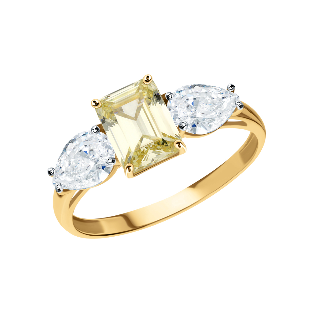 Фото «Золотое кольцо с фианитами и наноситаллом лимонный кварц»