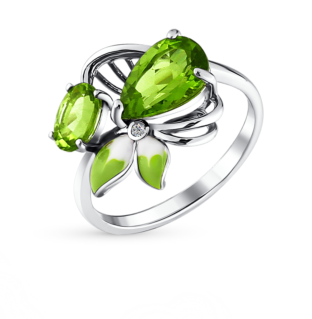 Фото «Серебряное кольцо с эмалью, фианитами и хризолитом»