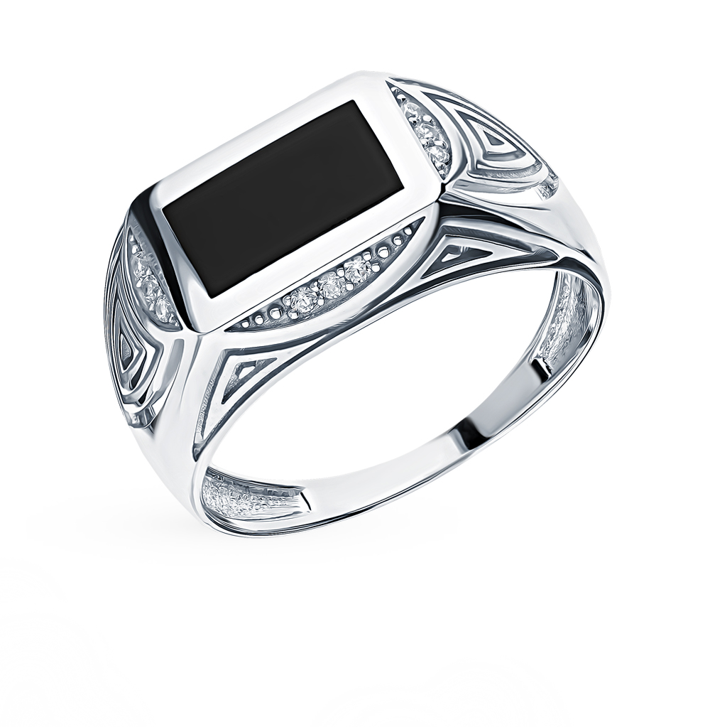 Серебряное кольцо с фианитами и ониксом в Новосибирске