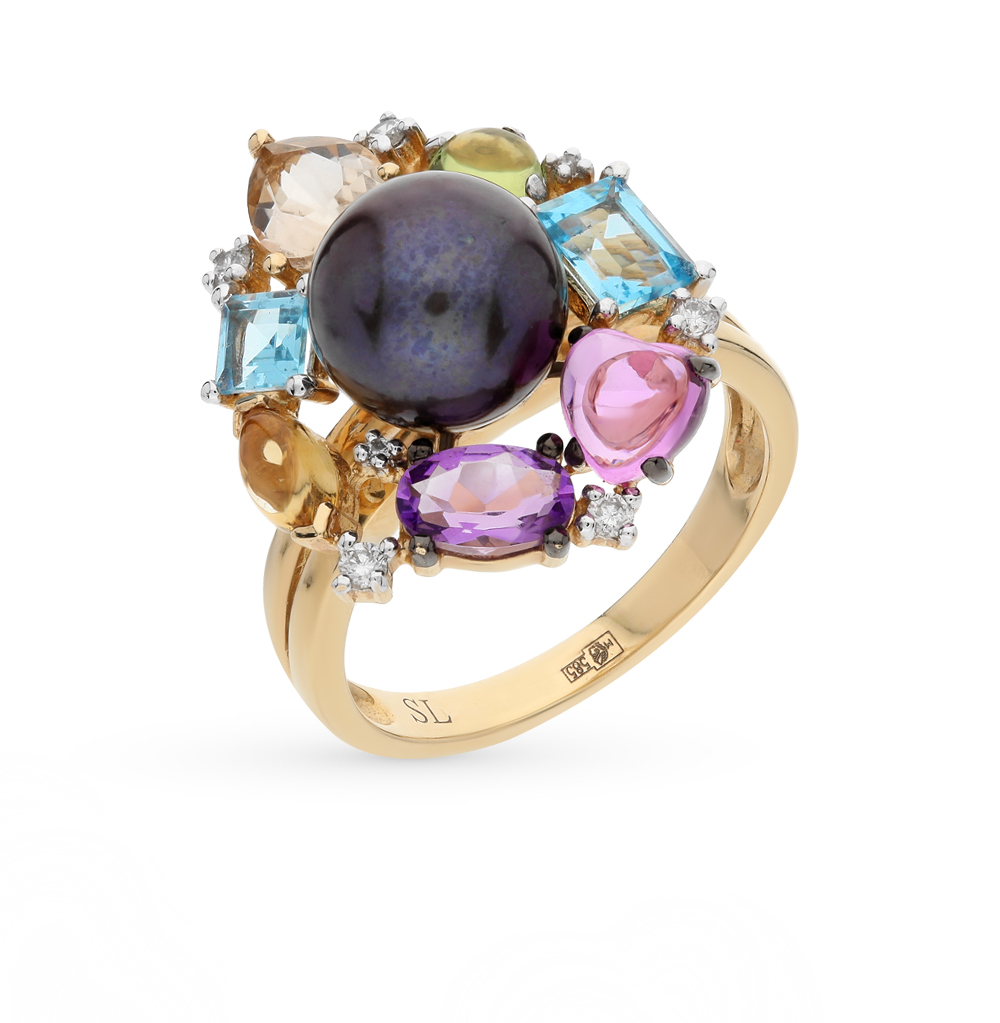 Фото «Золотое кольцо с цитринами, жемчугом, топазами, хризобериллом, кварцем, аметистом, сапфирами и бриллиантами»