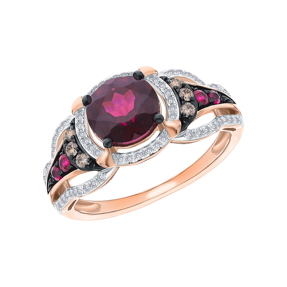 Фото «Золотое кольцо с коньячными бриллиантами, рубинами и родолитом»