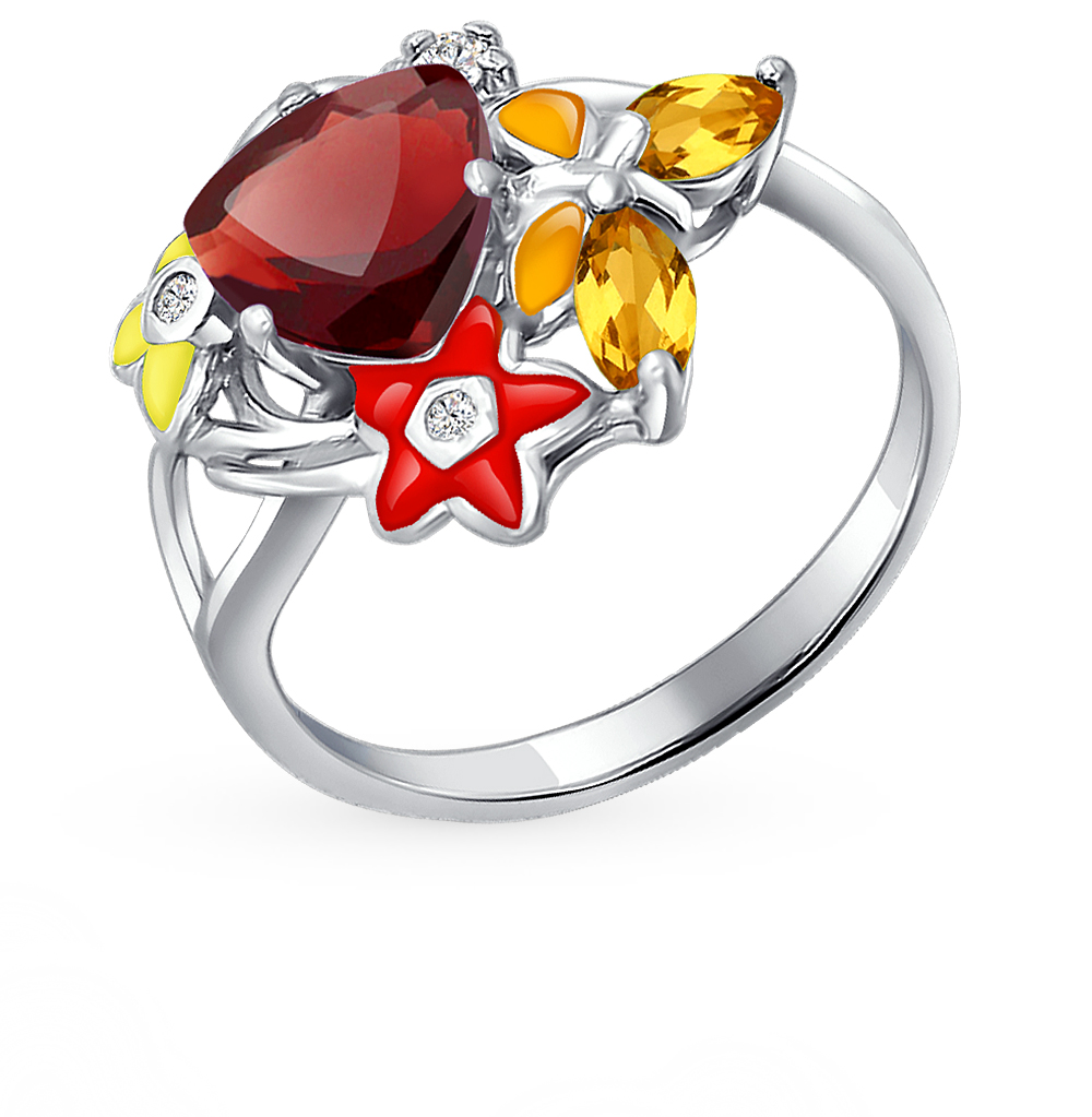 Серебряное кольцо с эмалью, цитринами, гранатом и фианитами в Краснодаре