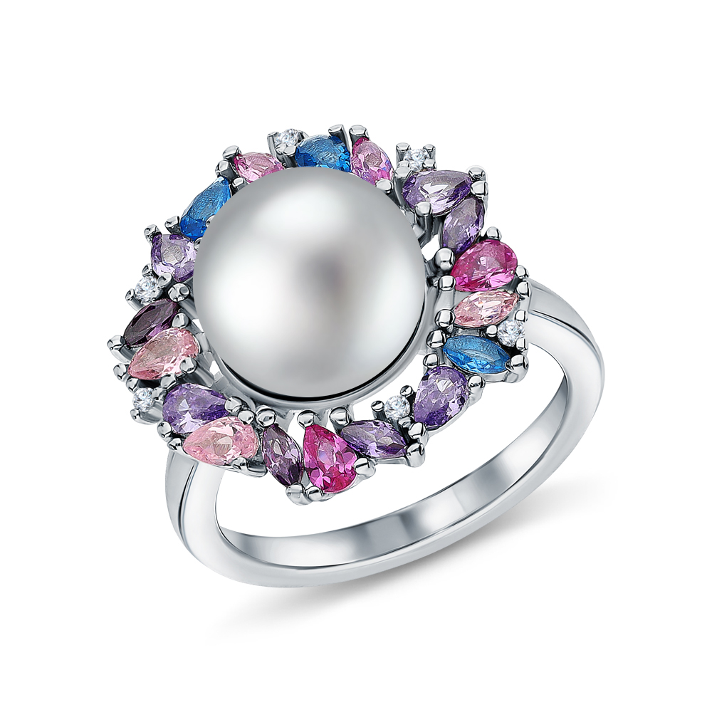 Фото «Серебряное кольцо с жемчугом, фианитами, корундом и алпанитом»