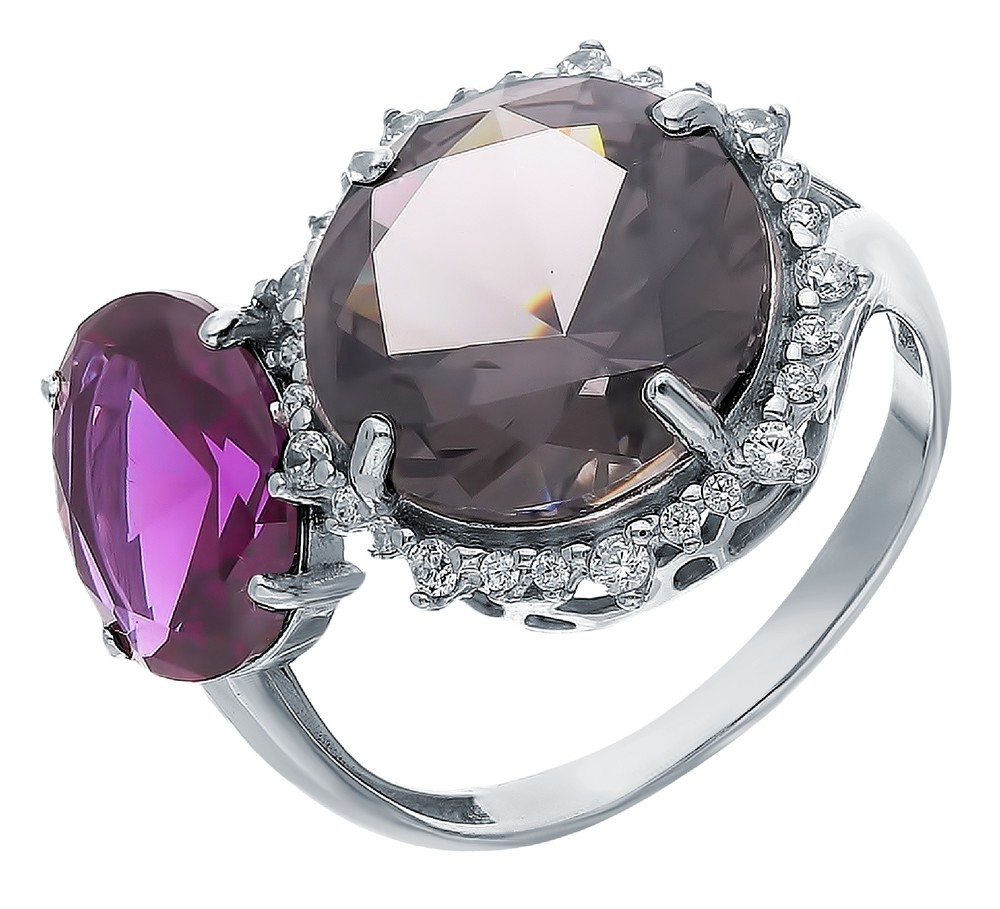 Серебряное кольцо с фианитами, аметистом и ювелирными кристаллами в Екатеринбурге