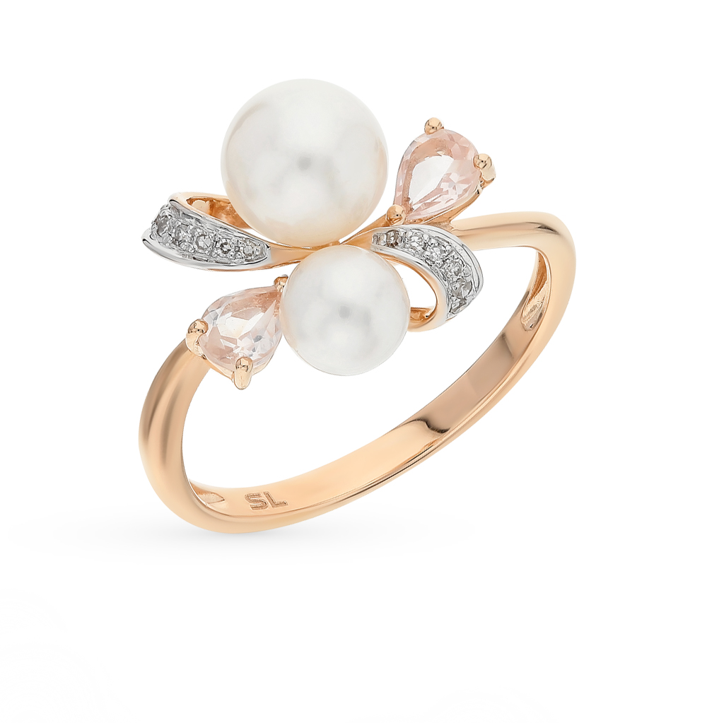 Фото «Золотое кольцо с жемчугом, кварцем и бриллиантами»