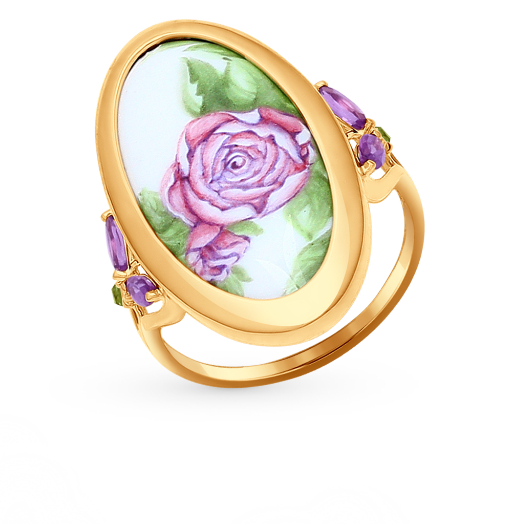 Фото «Золотое кольцо с финифтью, аметистом и хризолитом SOKOLOV 781004»