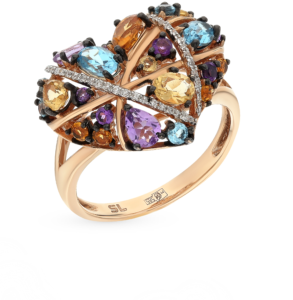 Золотое кольцо с цитринами, топазами, аметистом и бриллиантами в Самаре