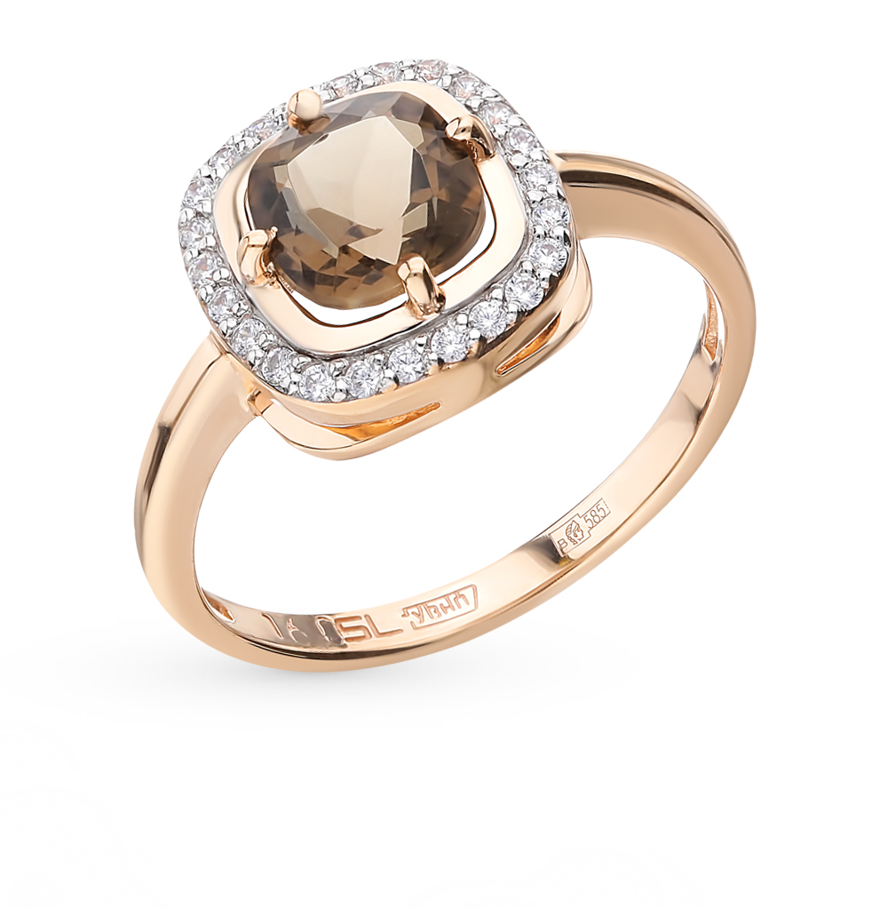 Золотое кольцо с фианитами и кварцем дымчатым в Самаре