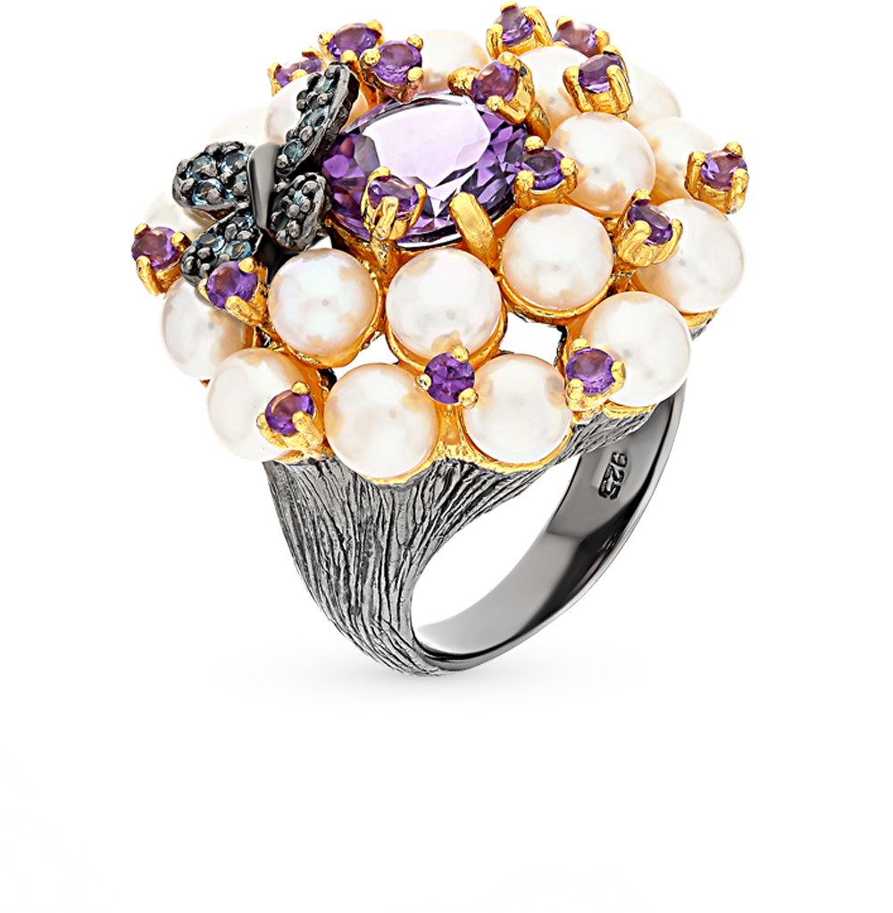 Фото «Серебряное кольцо с жемчугом, топазами и аметистом»
