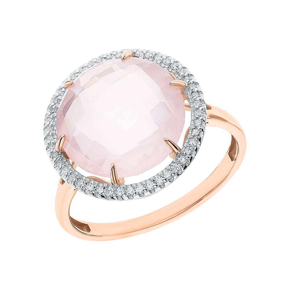 Золотое кольцо с розовым кварцем и бриллиантами в Екатеринбурге