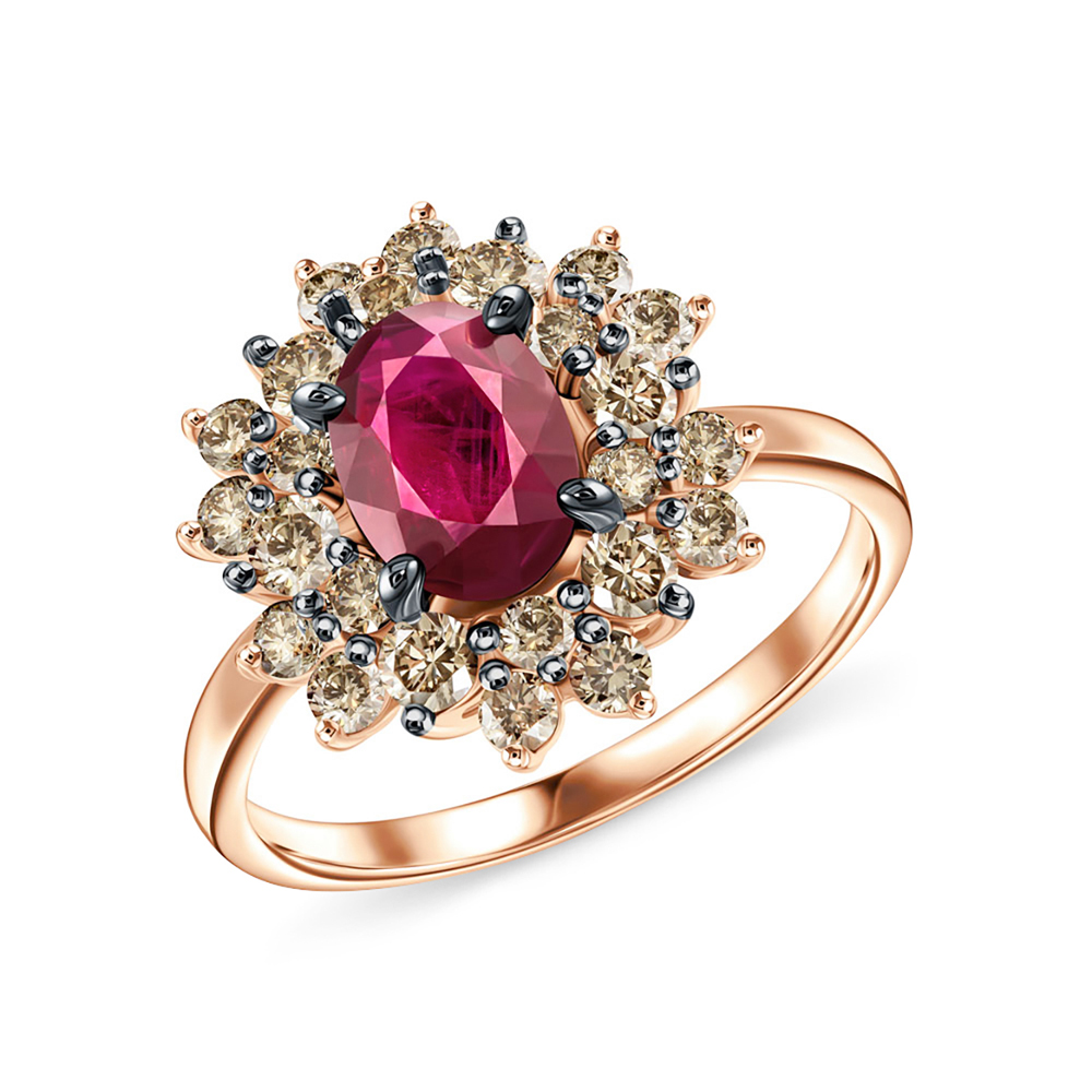 Золотое кольцо с коньячными бриллиантами и рубинами в Ростовe-на-Дону