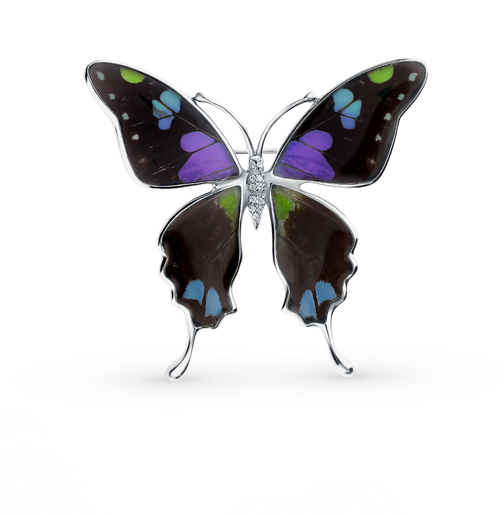 Фото «Серебряная брошь с фианитами, эмалью и крыльями бабочки, 6 см»