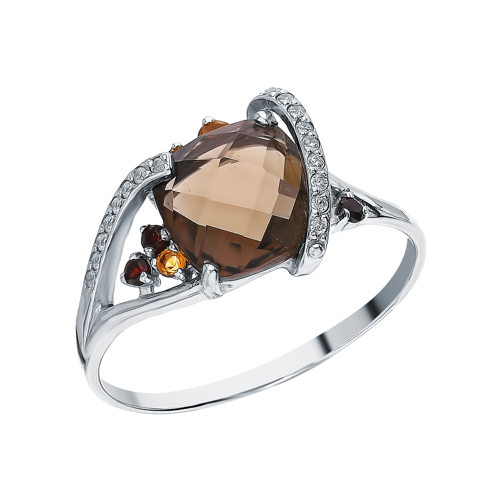 Серебряное кольцо с цитринами, гранатом, фианитами и кварцами дымчатыми в Краснодаре